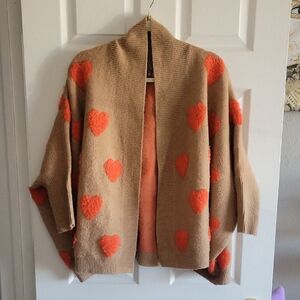Anthropologie Tan and Orange Knit Valentine Hearts Cardigan